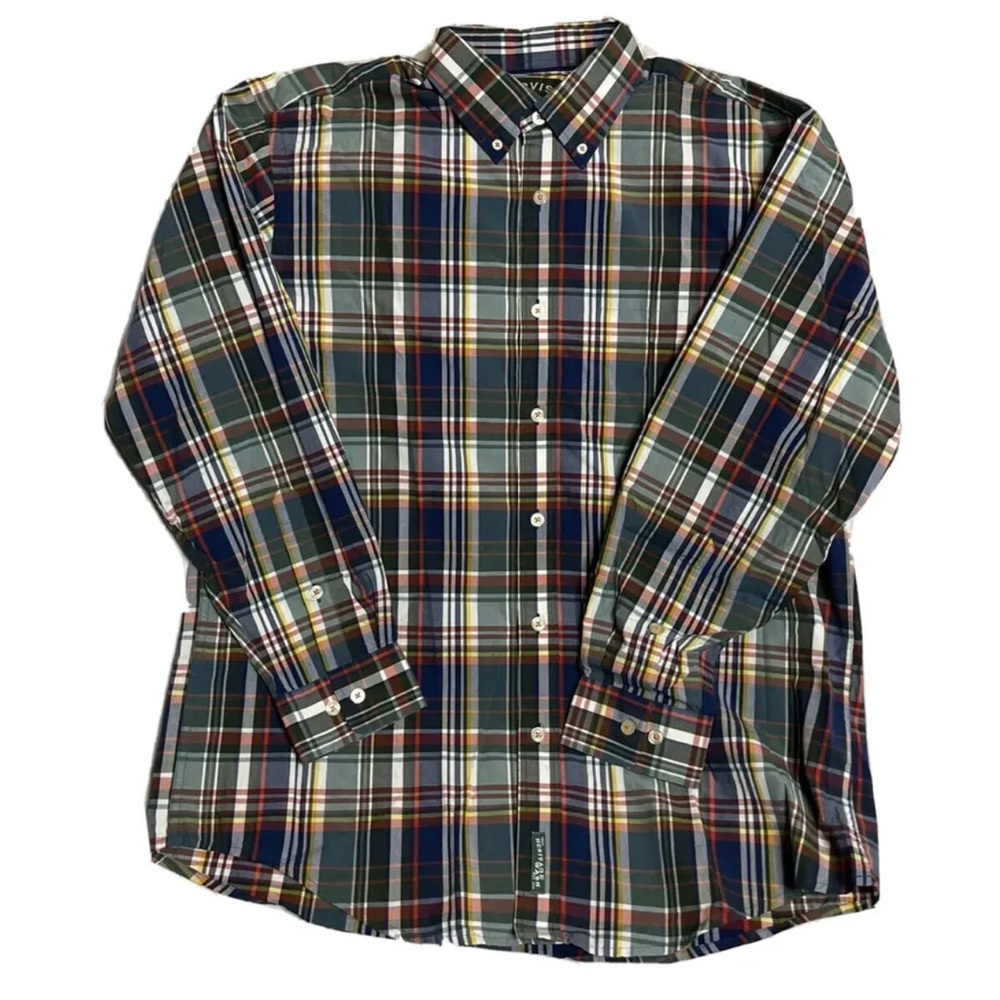 Orvis Shirt Mens Large Blue Red White Plaid Long Sleeve Button Down 100% Cotton